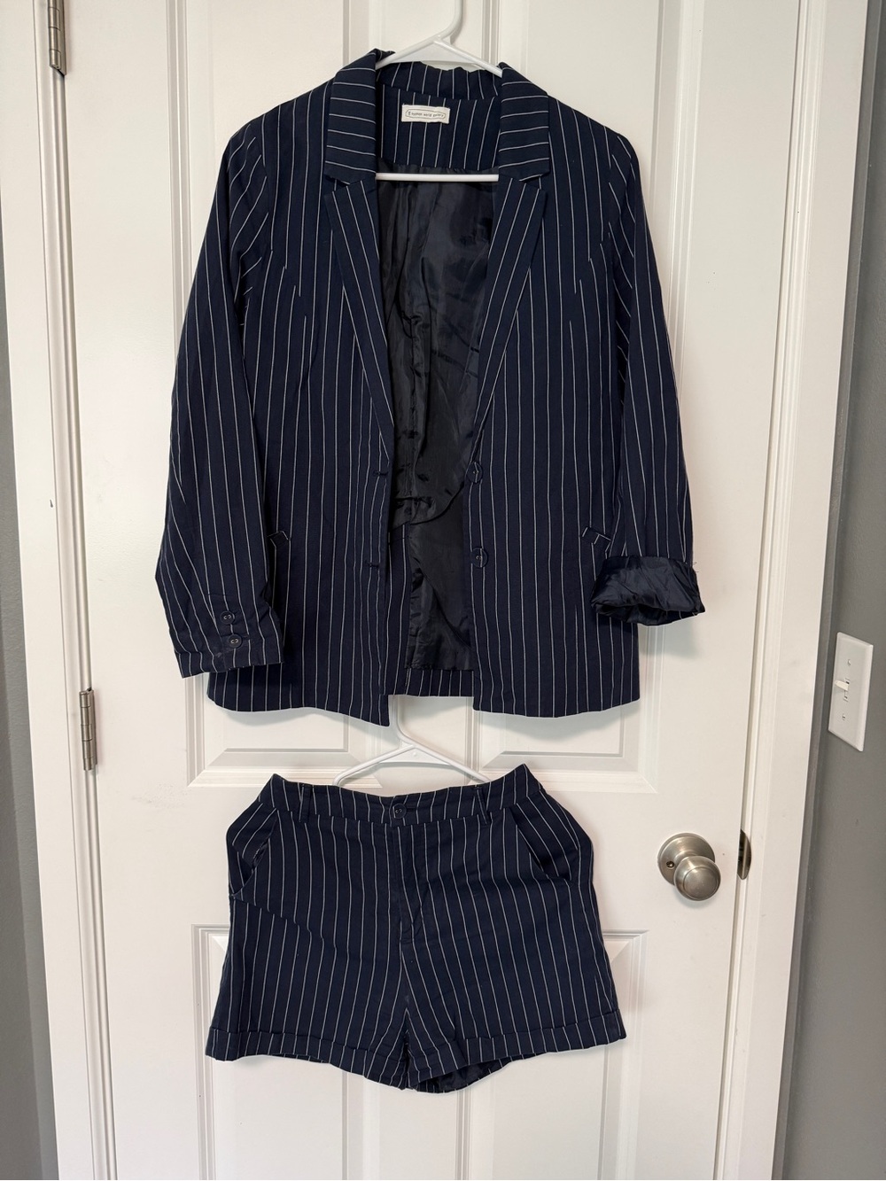 Navy Pinstripe Blazer & Short Suit Set - Women's Two-Piece
